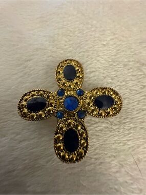 Gold-Tone Cross Brooch with Royal Blue Stones
